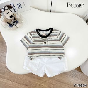 Set bộ kẻ ngang bé trai áo cotton tay ngắn đính tag kèm quần short 9 tới 28kg BERNIE KIDS T1125B23