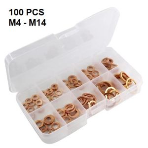 Hộp 100 Cái Gioăng Tròn Phẳng Bằng Đồng Các Size M4 / M5 / M6 / M8 / M10 / M12 / M14 Vòng Đệm Chặn Ốc Động Cơ