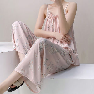 Comfortable Cotton Silk Pajamas Simple Printed Sleep Wear Two Piece Set Female Spring and Summer Spaghetti Strap Top and Long Pants Loose Home Wear Clothing