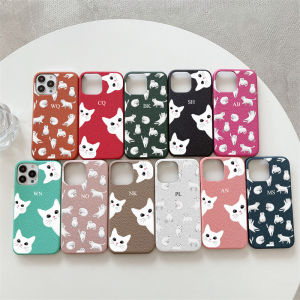 Personalised Initial letter Pebble Grain Leather cute cat Case for iphone 14 13 15 16 1 Pro Max 14 15 16 Plus Luxury Hard Cover
