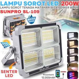 Lampu Darurat | Lampu Emergency SUNPRO SL-109 SOLAR LIGHT LED TENAGA SURYA IP66 TAHAN AIR - POWER BANK 12.000mAh - Lampu Sorot / Lampu Solar Emergency / Power Sel Surya / Lampu Panel / Professional Solar Emergency Light / Lamp Stand ~TFA