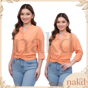 NAKD FASHION WRENLY CHINESE COLLAR 3/4 CHALLIS TWISTED OFFICE CASUAL BASIC WOMEN BLOUSE TOP 1864
