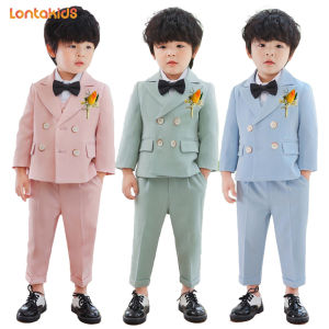 lontakids Kids Boys Formal Suit 4Pcs (Vest + Pants + Shirt + Bowtie)/6Pcs (Jacket + Vest + Pants + Shirt + Bowtie + Corsage) Piano Recital Competition Wedding Birthday Pink Blue Green Gentleman Attire (With Same Color Bowtie)