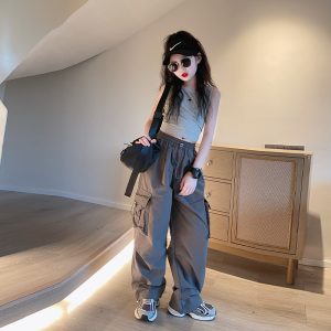 Baggy Pants for Kids Girls New Korean Style Multi Pocket Trendy Black & White Christmas Outfit Cargo Pants for Girls 5-12 Years Old