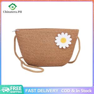 Women Fashion Straw Weave Flower Zipper Shoulder Crossbody Bag Beach Purse