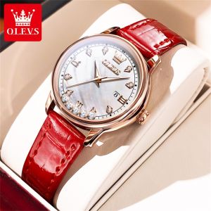 (Authentic)OLEVS Womens Watch Casual Korean Style Waterproof Luminous Diamond Calendar Leather Strap Scratch-Resistant Glass
