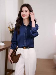 AMMIN เสื้อชีฟองแขนยาวสำหรับผู้หญิงเสื้อเบลาส์กระดุมแถวเดียวเสื้อเบลาส์หรูหราสำหรับสไตล์เกาหลีเรียบง่ายสีทึบฤดูใบไม้ผลิและฤดูใบไม้ร่วง2024
