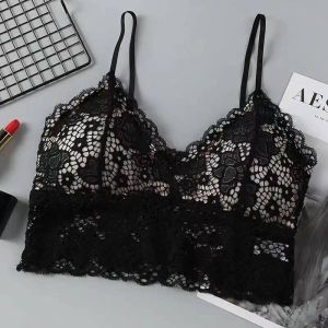 Women Padded Camisole Adjustable Spaghetti Strap Floral Lace Wirefree Bralette Longline Bra