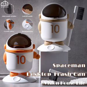 Vision Mini Astronaut Desktop Trash Can with Broom Office Bedroom Trash Bin Household Sundry Storage Box Desktop Dustbin with Cover Living Room Table Decorations