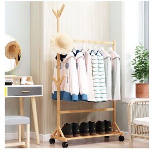 Bamboo Clothes Hanging Rack 50/60/80/100CM Space Saving Movable Bedroom Clothes Rack Coat Rack Stand With Wheels
