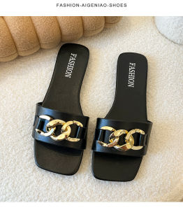 [Free Shipping] Womens Chain Sandals Square Toe Flat Sole 2026 Summer New Style Korean Version Large Size Casual Slip-On Sandals Size 43