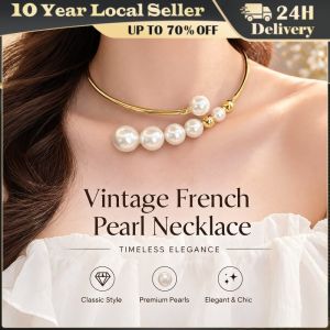 Exaggerated Retro Imitation Pearl Geometric Open Choker French Luxury JewelryHigh-end Elegant Copper Necklace for Ladies