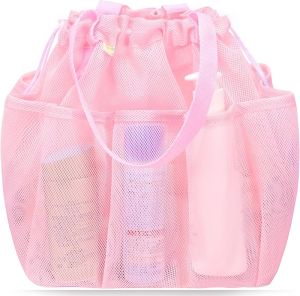 Mesh Shower Caddy Portable with Drawstring Dorm Room Essentials for College Students Girls Large Shower Bag for CampingSwimmingGymTravelBathroom - Pink