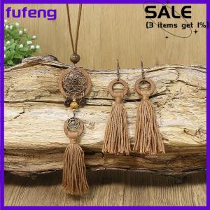 fufeng Bohemian cổ điển phong cách rìa Mặt dây chuyền vòng tròn gỗ thiết kế dài vòng cổ bông tai đồ trang sức