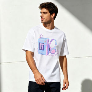 Kawaii Pastel Walkman Summer Men Cotton T-Shirts Pastel Retro Walkman Headset Graphic Vintage Music Theme Outdoor Versatile Tops