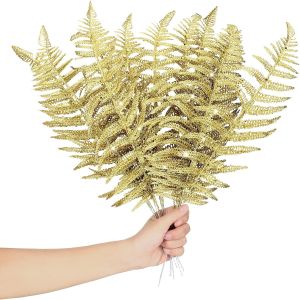 NUOVX Christmas Glitter Leaves Artificial Tropical Leaf Christmas Tree Sprays Glitter Leaf Garland Flashing Christmas Picks DIY Bouquet Stem Floral Branches for Wedding Xmas Wreath (Gold10 Pcs)