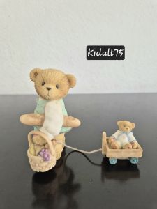 Enesco Cherished Teddies Mick holding a baguette and a basket of fruits & pulling a small cart