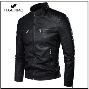 FUGUINIAO แจ็คเก็ตหนังผู้ชาย  ชายเสื้อยืนคอแจ็คเก็ตหนังรถจักรยานยนต์