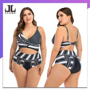 Luoke Women Sports Apparel plus swimwear two piece oversized bikini swimsuit black and white grid stripe design polyester fashion women girl swimsuit swimming beachwear black sports weight ready stock 2020 womens clothing