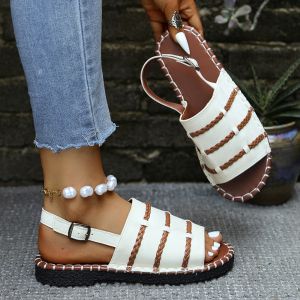 [Free Shipping] Plus Size Womens Summer New Style Flat Woven Open-Toe Beach Sandals with Buckle Strap