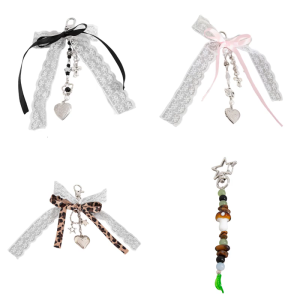 Stylish Lace Bowknot Heart Pendant Portable Colorful Beaded Bowtie Keyring Cahrm Handmade Accessory for Bags and Phones