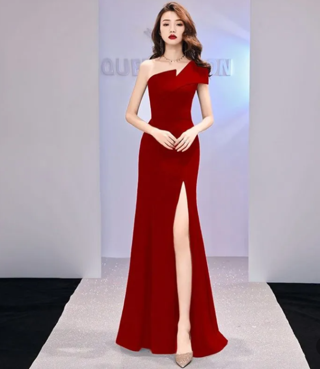 Womens One shoulder Dress with slit straps Fishtail gown Maxi