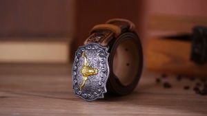 Western Cowboy Mens PU Leather Belt Trendy Brand Luxury Design Jeans Pants Belt Retro Ox Head Waistband