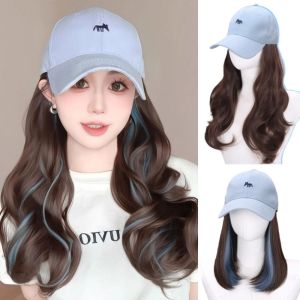KINTHAZER ชิ้นเดียว หมวกเบสบอลพร้อมวิก บ๊อบ แฮร์ ไฮไลท์สีน้ำเงิน วิกผมหมวกปรับได้ แฟชั่น แบบเกาหลี ยาว ผมหยักศก ผู้หญิง