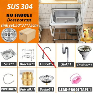 ATO【Tiub bulat】Sinki Dapur 304 Stainless Steel Single Kitchen Sink Bowl Basin with rack faucet Basket platform integrated