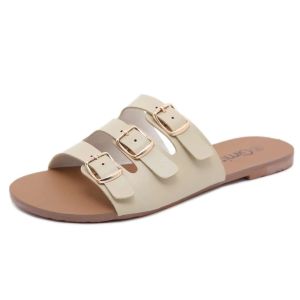 SAK.FOOTWEAR Chic Striped PU Leather Flat Sandals with Buckle Closure for Women AK-16 35-40 SIZE