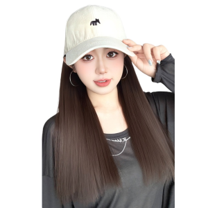 LFPLYQ One-piece Baseball Cap with Wig Korean Style Curly Hairpiece Long Straight Wavy Hair Fashion Sun Cap Adjustable Hat Wig Women