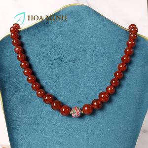 Chuỗi đeo cổ đá Mã Não đỏ mận/đậm VIP size hạt 10-12 li phối viên đất sét hoa phong cách truyền thống nền nả duyên dáng | Hoa Minh Gem