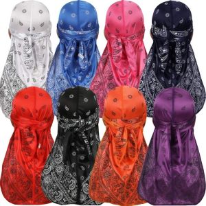 MODERNLUX Imitation Silk Mens Headscarf Breathable Amoeba Print Hip Hop  Hat Trends Wave Print Long Tail Pirate Cap Outdoor