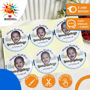 2-4 Bahan Vinyl Sticker Ulang Tahun Label Undangan Happy Birthday Uk.Kecil Buzz Gell Free Design