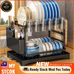 【Ready】Double Layer Luxury Rak Pinggan Kitchen Dish Drainer Rack with Drain Tray Multi-purpose Premium Kitchen Storage Rack