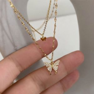 Butterfly Necklace Double Layer Alloy Butterfly Pendant Exquisite Clavicle Necklace Jewelry Women
