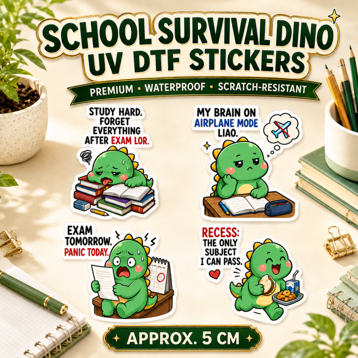 School Survival Dino UV DTF Sticker | Singlish Student Meme ...