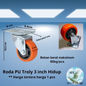 Roda PU Troly Troli Hidup 3 inch Caster kastor Double bearing 3"