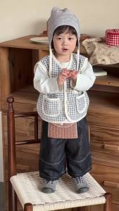 Baby spring clothing 2026 Korean-style childrens spring clothing boys plaid vest and denim suit custom-made
