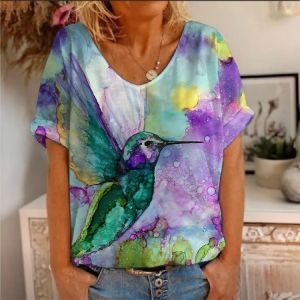 [Local Stock] ZEEMIN Summer Bird Hummingbird 3D Print T-shirts Women New Fashion Streetwear Short Sleeve V-Neck T Shirt Harajuku Tees Tops Clothing