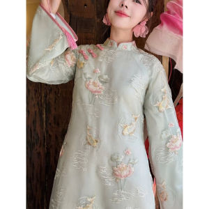 Áo dài cách tân TƯƠNG TƯ dáng suông chất tơ thêu chỉ nổi cao cấp họa tiết sen ngư_HT ÁO DÀI HÀ THÀNH