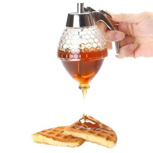 ZYJC MALL Press Type Honey Pot with stand No Drip Sealed Honey Storage Tank Premium High Capacity Acrylic Honey Dispenser Pancakes