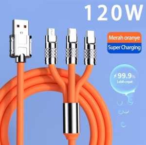 Kabel Data Multifungsi Silicon AK-07 3in1 Merah Oranye 120W Fast Charging