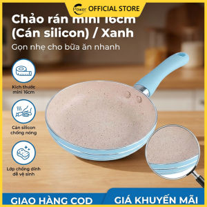 【FREESHIP】Chảo Chiên Mini 16cm Tay Cầm Silicone Màu Xanh LamĐáy Từ Vân Đá Hoa Cương Dùng Mọi Loại Bếp