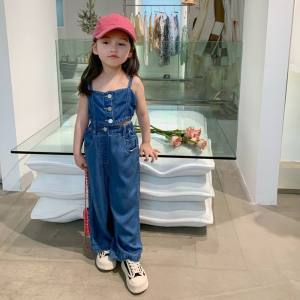 Little Baby New Style Fashion Girls Korean Style Summer Suit Denim Top & Wide Leg Long Pants 2pcs set Kids Children Jeans Material Sling Sleeveless Tube Shopping Pretty Elastic Waist Pants Party Theme Button Korean Girl Fashion Summer Holiday Clothes