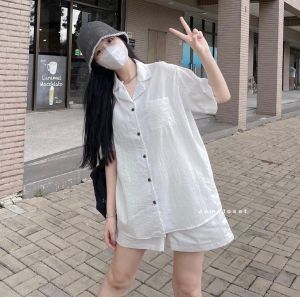 Set 2 món đũi blazer đùi phom thụng ulzzang mặc thoải mái/ Set áo sơ mi cộc tay kèm quần đùi ống rộng bigsize - kudoshop