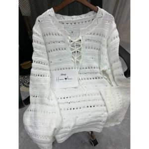 áo váy len lưới dáng thụng tay loe dây buộc oversize