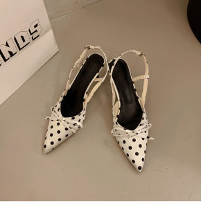 [Free Shipping] Black Polka Dot Bow High Heel Mules for Women Spring/Summer Elegant Thin Heel Pointed Toe Shoes to Match Dresses