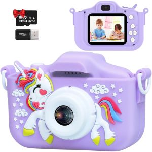Kids Digital Camera 1080P with 32GB TF Card Unicorn Cover HD Video 5 Educational Games 8x Zoom 40M 2.0 Inch IPS Screen