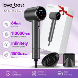 Love Best High Speed Plasma Hair Dryer | Infinitely Variable Speed | Professional Intelligent LED Touchscreen | 1300 Million Negative Ions | 110000 RPM Motor| 64m/s Airspeed | High-Speed Hair Dryer for Women Men Travel Salon Grey With 2 Nozzles